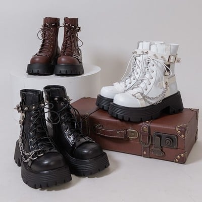 Goth punk rock cool girl silver chains y2k black white brown plantform high heels combat boots shoes