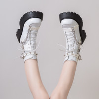 Goth Punk Rock Cool Girl Silver Chains Y2K Black White Brown Plantform High Heels Combat Boots Shoes - Thumbnail 7