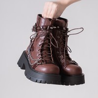 Goth Punk Rock Cool Girl Silver Chains Y2K Black White Brown Plantform High Heels Combat Boots Shoes - Thumbnail 3