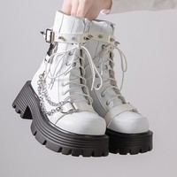 Goth Punk Rock Cool Girl Silver Chains Y2K Black White Brown Plantform High Heels Combat Boots Shoes - Thumbnail 4