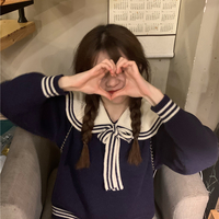 Sweet Little Sailor Collar Brown & Navy Blue Spring Autumn College Girl Style Cozy Sweater - Thumbnail 2