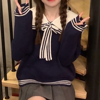 Sweet Little Sailor Collar Brown & Navy Blue Spring Autumn College Girl Style Cozy Sweater - Thumbnail 5