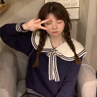 Sweet Little Sailor Collar Brown & Navy Blue Spring Autumn College Girl Style Cozy Sweater - Thumbnail 6