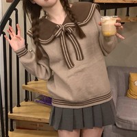 Sweet Little Sailor Collar Brown & Navy Blue Spring Autumn College Girl Style Cozy Sweater - Thumbnail 7