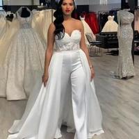 Strapless Satin Women Lace Wedding Jumpsuit with Removable Skirt - Thumbnail 1