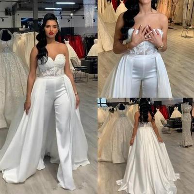 Strapless satin women lace wedding jumpsuit with removable skirt - Thumbnail 1