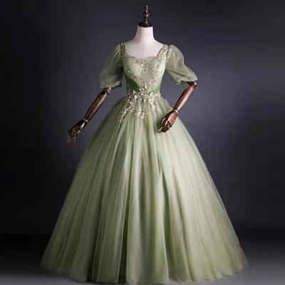 Vintage ball gown green puffed sleeve evening dresses with lace - Thumbnail 1