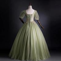 Vintage Ball Gown Green puffed Sleeve Evening Dresses With Lace - Thumbnail 1