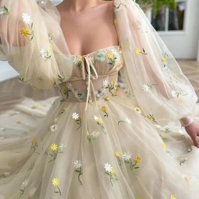 Real photos long puffy sleeves flowers engagement wedding gown birthday party dress prom evening dresses for women,1534 - Thumbnail 3