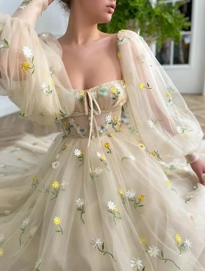 Real Photos Long Puffy Sleeves Flowers Engagement Wedding Gown Birthday Party Dress Prom Evening Dresses For Women,1534