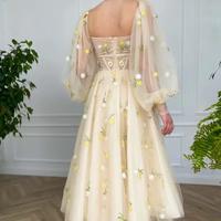 Real Photos Long Puffy Sleeves Flowers Engagement Wedding Gown Birthday Party Dress Prom Evening Dresses For Women,1534 - Thumbnail 1