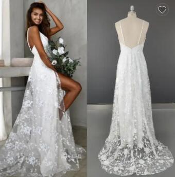 Spaghetti Straps V-Neck Sleeveless Boho Lace Backless A-Line Split Wedding Dress Bride Gown For Engagement,1535