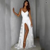 Spaghetti Straps V-Neck Sleeveless Boho Lace Backless A-Line Split Wedding Dress Bride Gown For Engagement,1535 - Thumbnail 1