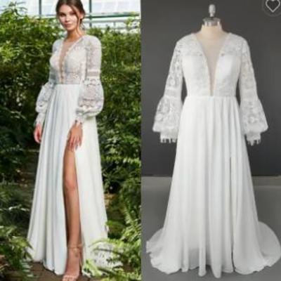 Lace v neck long puffy sleeve sweep train chiffon bohemian beach wedding dress wedding bridal gown for women,1536 - Thumbnail 2