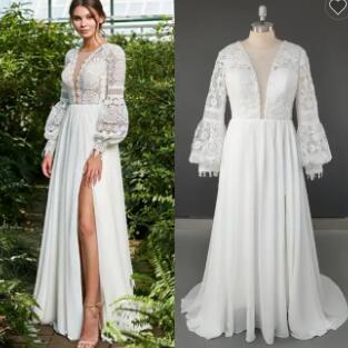 Lace V Neck Long Puffy Sleeve Sweep Train Chiffon Bohemian Beach Wedding Dress Wedding Bridal Gown For Women,1536