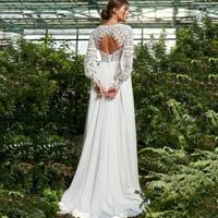Lace V Neck Long Puffy Sleeve Sweep Train Chiffon Bohemian Beach Wedding Dress Wedding Bridal Gown For Women,1536 - Thumbnail 1