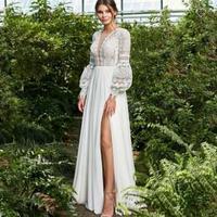 Lace V Neck Long Puffy Sleeve Sweep Train Chiffon Bohemian Beach Wedding Dress Wedding Bridal Gown For Women,1536 - Thumbnail 2