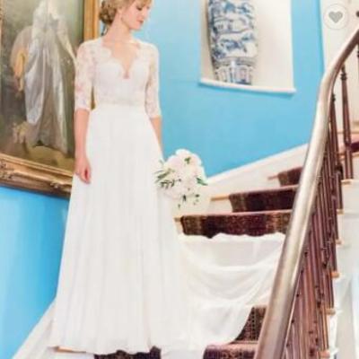 Simple sheer back sweep train half sleeve v-neck lace beach bohemian a-line chiffon wedding dress bridal gowns,1537 - Thumbnail 2