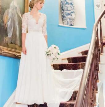 Simple Sheer Back Sweep Train Half Sleeve V-Neck Lace Beach Bohemian A-Line Chiffon Wedding Dress Bridal Gowns,1537