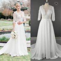 Simple Sheer Back Sweep Train Half Sleeve V-Neck Lace Beach Bohemian A-Line Chiffon Wedding Dress Bridal Gowns,1537 - Thumbnail 1