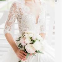 Simple Sheer Back Sweep Train Half Sleeve V-Neck Lace Beach Bohemian A-Line Chiffon Wedding Dress Bridal Gowns,1537 - Thumbnail 2