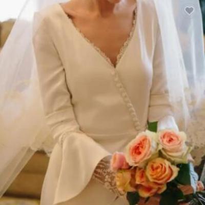 A-line simple satin wedding bridal gown long sleeve muslim maxi plus size v-neck wedding dress bridal gown,1539 - Thumbnail 2