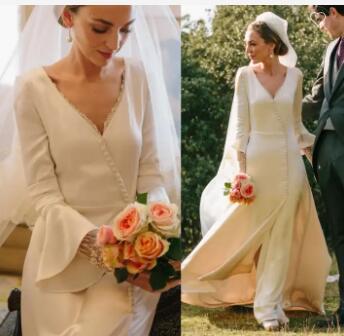 A-Line Simple Satin Wedding Bridal Gown Long Sleeve Muslim Maxi Plus Size V-Neck Wedding Dress Bridal Gown,1539