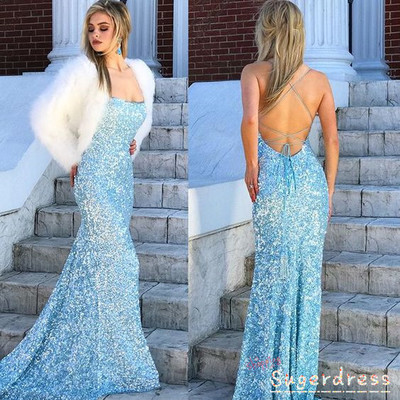 Backless fitted sequins sky blue prom dress，1540 - Thumbnail 1