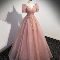 Pink Tulle Floor Length Prom Dress with Short Sleeve, Beautiful A-Line Evening Dress - Thumbnail 1