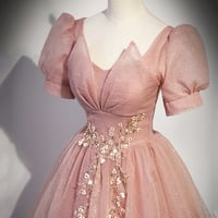 Pink Tulle Floor Length Prom Dress with Short Sleeve, Beautiful A-Line Evening Dress - Thumbnail 2