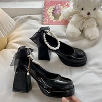 Mary Jane Bow Pearl Retro Classic French European Black White High Heels Shoes - Thumbnail 3