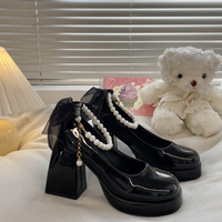 Mary Jane Bow Pearl Retro Classic French European Black White High Heels Shoes - Thumbnail 1