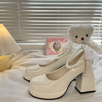 Mary Jane Bow Pearl Retro Classic French European Black White High Heels Shoes - Thumbnail 4