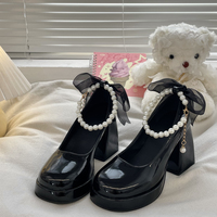 Mary Jane Bow Pearl Retro Classic French European Black White High Heels Shoes - Thumbnail 5