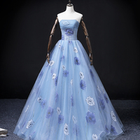 Unique Blue Floral Long Prom Dress, Beautiful A-Line Evening Dress - Thumbnail 6