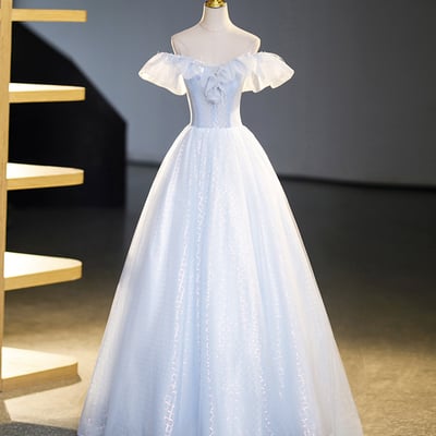 Blue tulle off shoulder floor length prom dress, a-line evening dress sweet 16 dress - Thumbnail 1