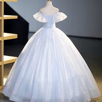 Blue Tulle Off Shoulder Floor Length Prom Dress, A-Line Evening Dress Sweet 16 Dress - Thumbnail 4