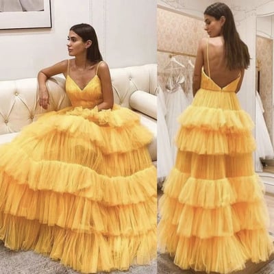 Mustard yellow prom dresses spaghetti straps tiered  - Thumbnail 2