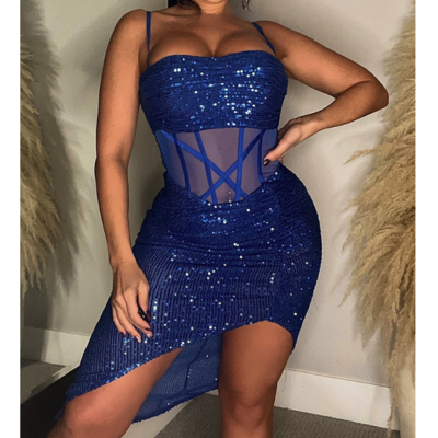 Sexy sling blue sequin sleeveless dress