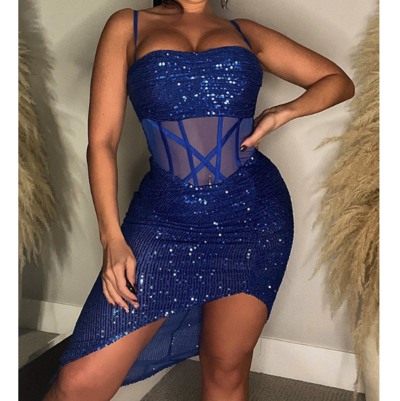 Sexy Sling Blue Sequin Sleeveless Dress