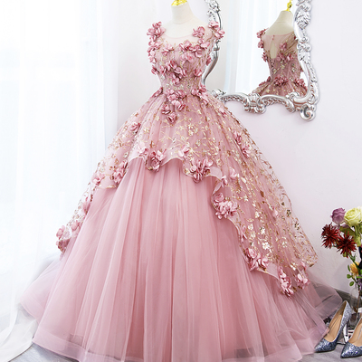 Beautiful pink tulle long prom dress with flowers, lovely party dress sweet 16 dress - Thumbnail 1