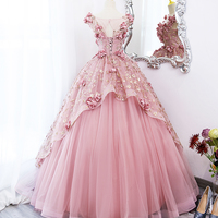 Beautiful Pink Tulle Long Prom Dress with Flowers, Lovely Party Dress Sweet 16 Dress - Thumbnail 2