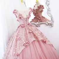 Beautiful Pink Tulle Long Prom Dress with Flowers, Lovely Party Dress Sweet 16 Dress - Thumbnail 5