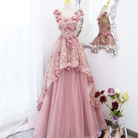 Beautiful Pink Tulle Long Prom Dress with Flowers, Lovely Party Dress Sweet 16 Dress - Thumbnail 4