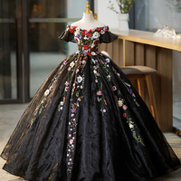 Black Tulle Long Prom Dress with Lace Flowers, Beautiful Black Party Dress Evening Dress - Thumbnail 3
