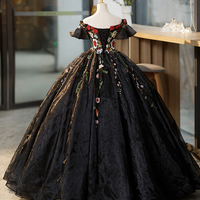 Black Tulle Long Prom Dress with Lace Flowers, Beautiful Black Party Dress Evening Dress - Thumbnail 4
