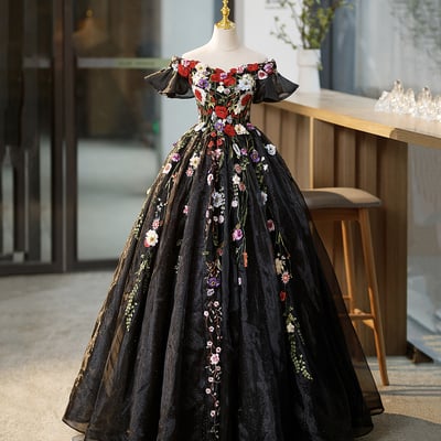 Black tulle long prom dress with lace flowers, beautiful black party dress evening dress - Thumbnail 1