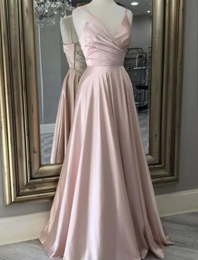 A Line V Neck Prom Dress Evening Gown with Tie Back