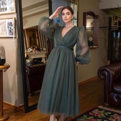 Elegant women sexy tea length long sleeves party dresses - Thumbnail 4