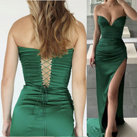 Sweetheart Green Prom Dresses Slit Side Criss Cross - Thumbnail 1